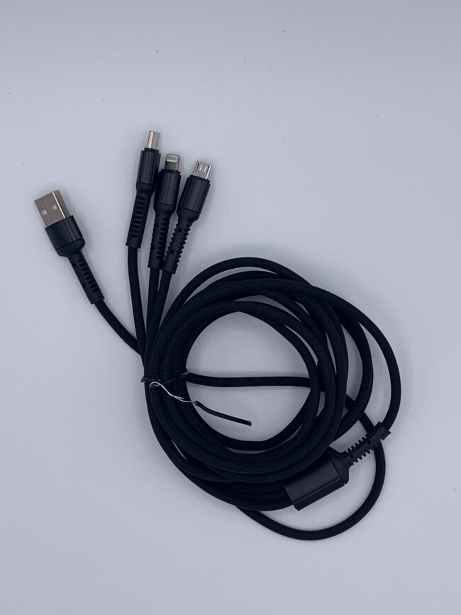 10' Feet Long Charger Cable + 3 in 1 Cellular Charging Points: Lightening for I Phones (C), Type C for Samsung (C) & Micro for all Other Brands.