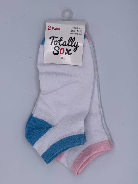 Women's 2 Pair Knitted No Show Socks - White with Blue & White with Pink - 2 Asst Pairs - Size 9-11
