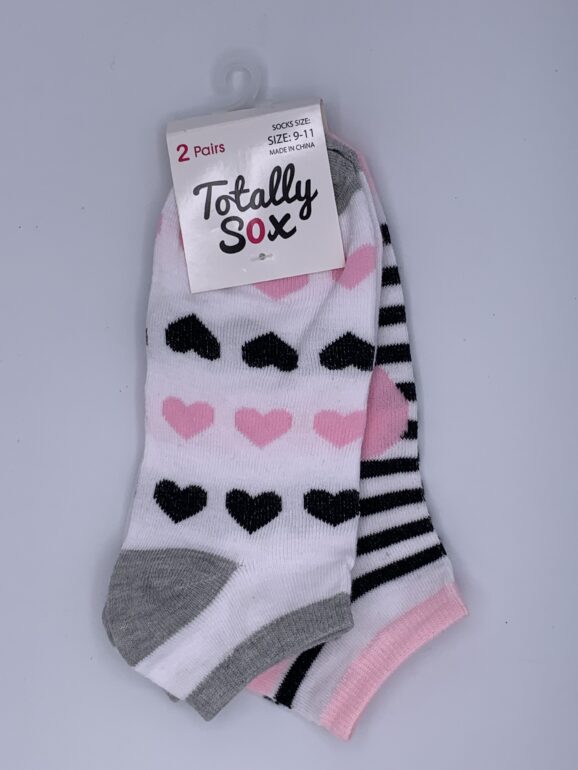 Women's Pair Knitted No Show Socks - White with Black & Pink Hearts