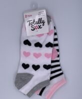 Women's Pair Knitted No Show Socks - White with Black & Pink Hearts