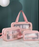 3 Piece Set, Includes Makeup Bag, Toiletries Bag & Accessories Bag - Pink Color