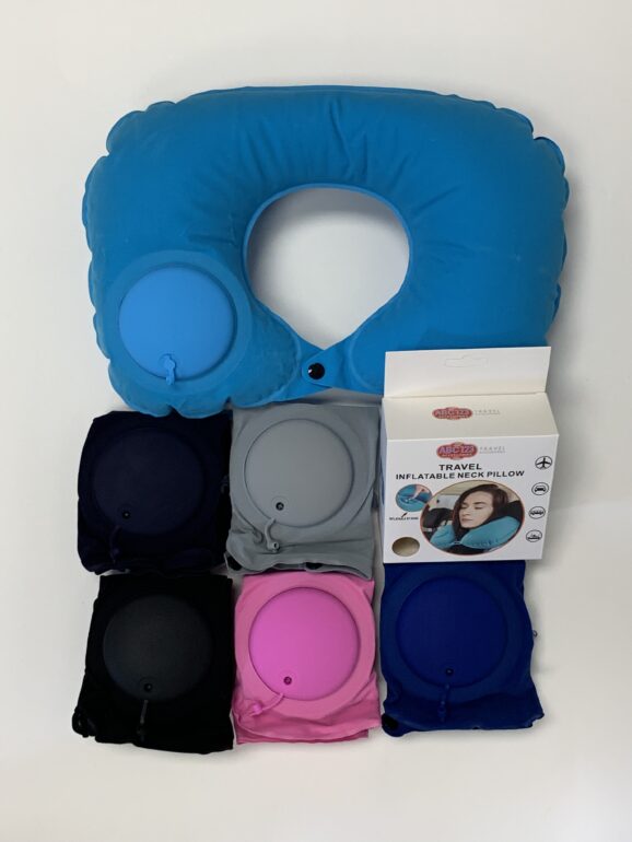 Travel Inflatable Neck Pillow - Asst Colors, Light Blue, Grey, Navy, Black, Medium Blue & Pink.