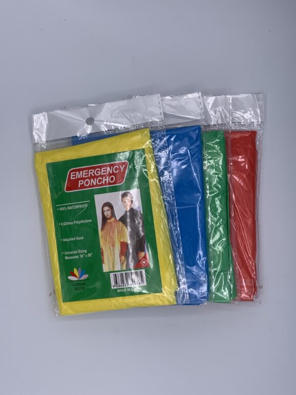 Emergency Rain Poncho / 4 Assorted Colors / Yellow, Green, Blue & Red.