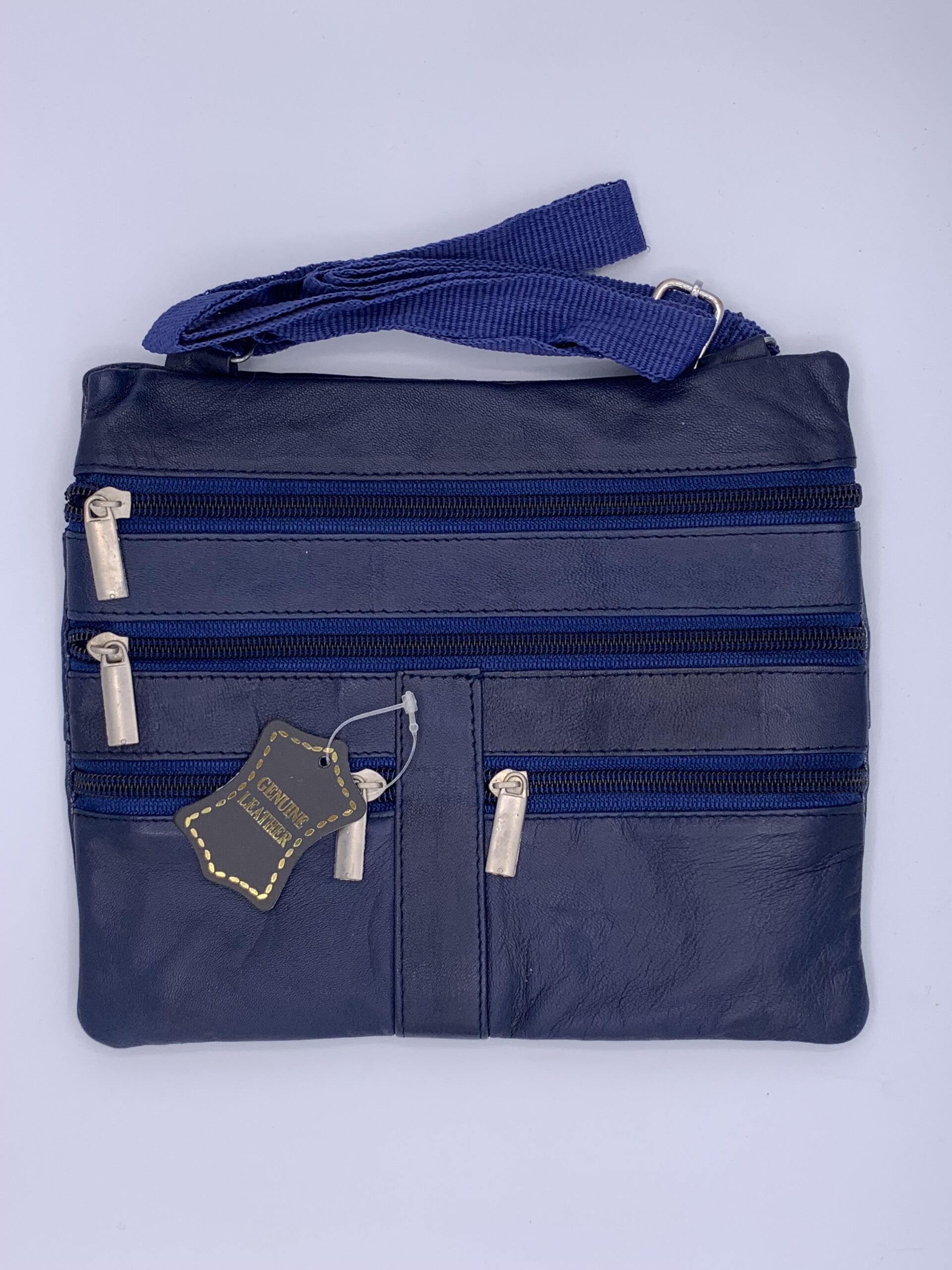 Cross Body Genuine Leather Messenger Bag - 4 Zippers in front an 1 in the Back - Color Royal Blue