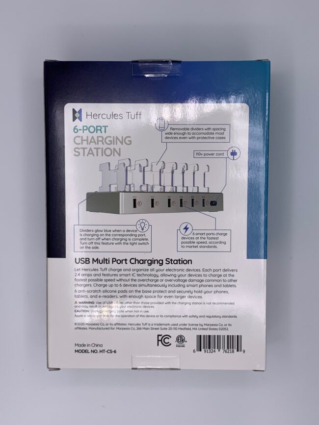 6-Port Charging Station, Including Apple-Compatible Cable, Type C-USB Cable, & Micro-USB Cable