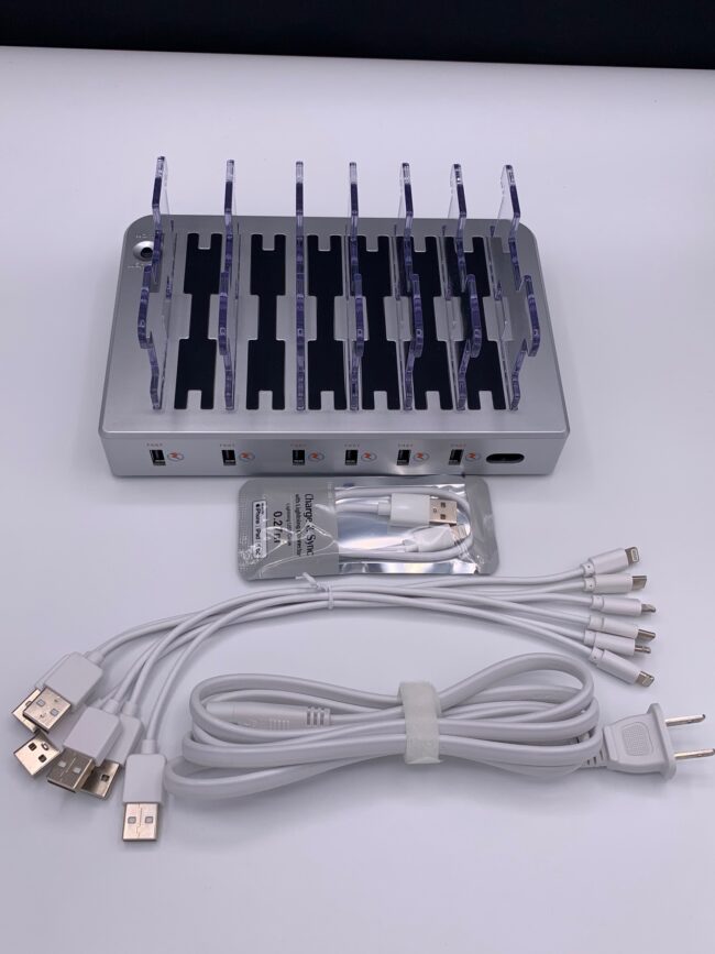 6-Port Charging Station, Including Apple-Compatible Cable, Type C-USB Cable, & Micro-USB Cable