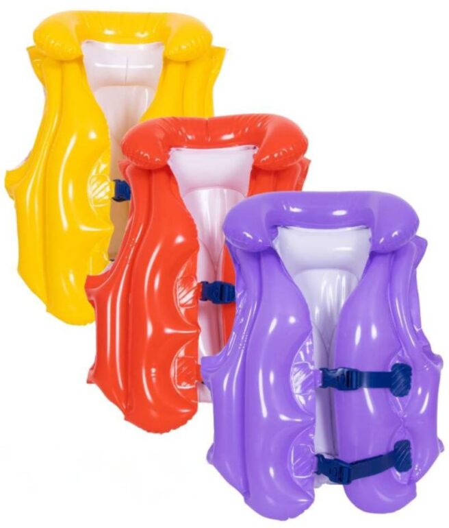 Plain Swim Vest - Heavy Duty Vinyl - 3 Air Chambers w/ Inflatable Collar & 2 Adjustable Buckles - 18" x 16.5" - Age 3-6 - 3 Assorted Colors